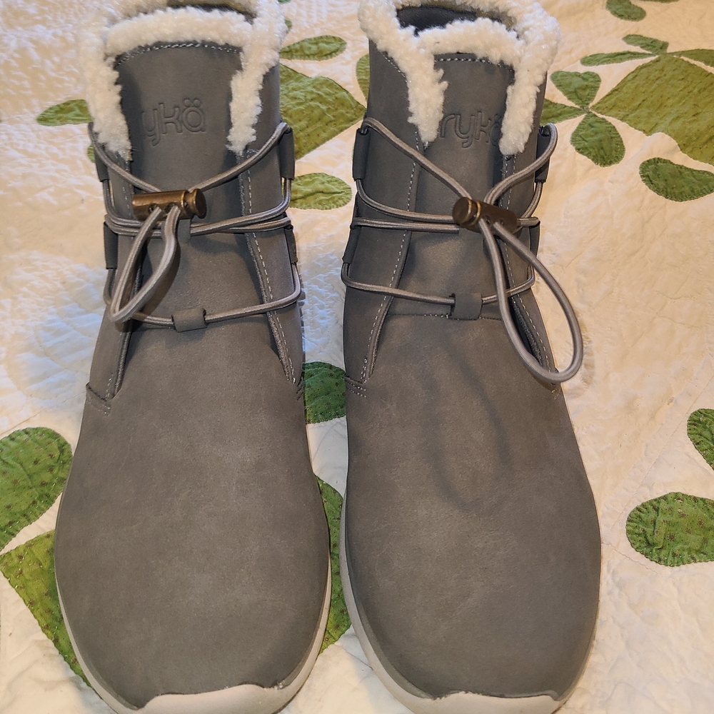Ryka Gray Faux-Shearling Lace-Up Ankle Booties